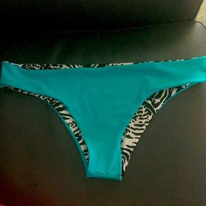 Reversable bottom bikini swim piece. Animal print and blue sides